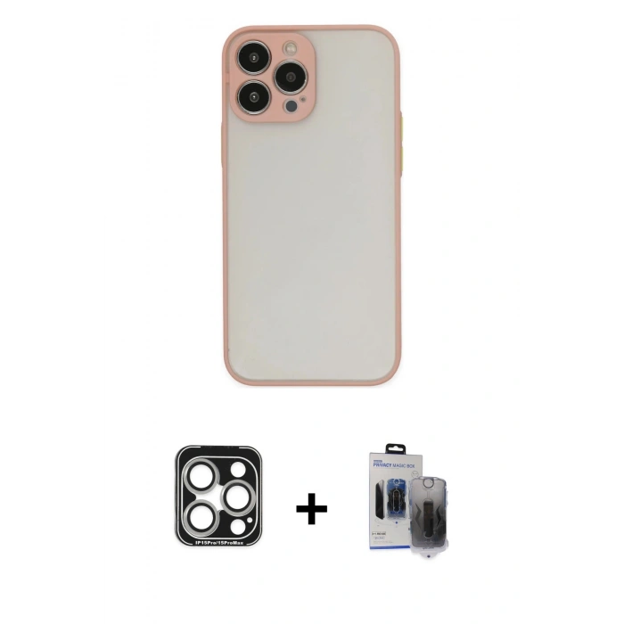 MARSİLYAN™- iPhone 15 Pro Max Kılıf Ahenk Çizgi Serisi - Siyah Vanessa Magic Hayalet Cam + PVD Metal Kamera Lens - GS