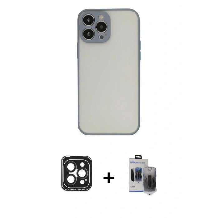 MARSİLYAN™- iPhone 15 Pro Max Kılıf Ahenk Çizgi Serisi - Siyah Vanessa Magic Hayalet Cam + PVD Metal Kamera Lens - SH