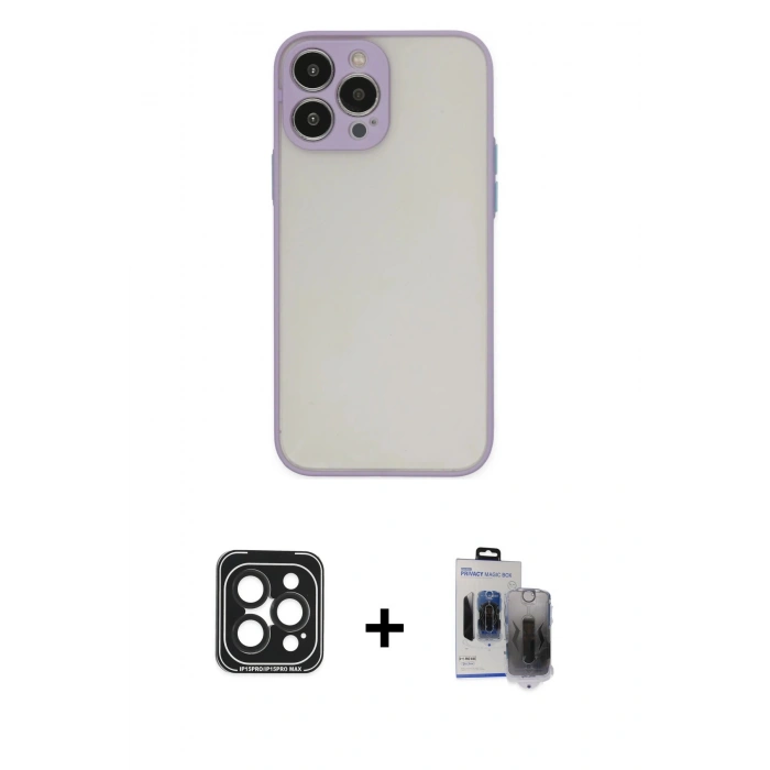 MARSİLYAN™- iPhone 15 Pro Max Kılıf Ahenk Çizgi Serisi - Siyah Vanessa Magic Hayalet Cam + PVD Metal Kamera Lens - SH