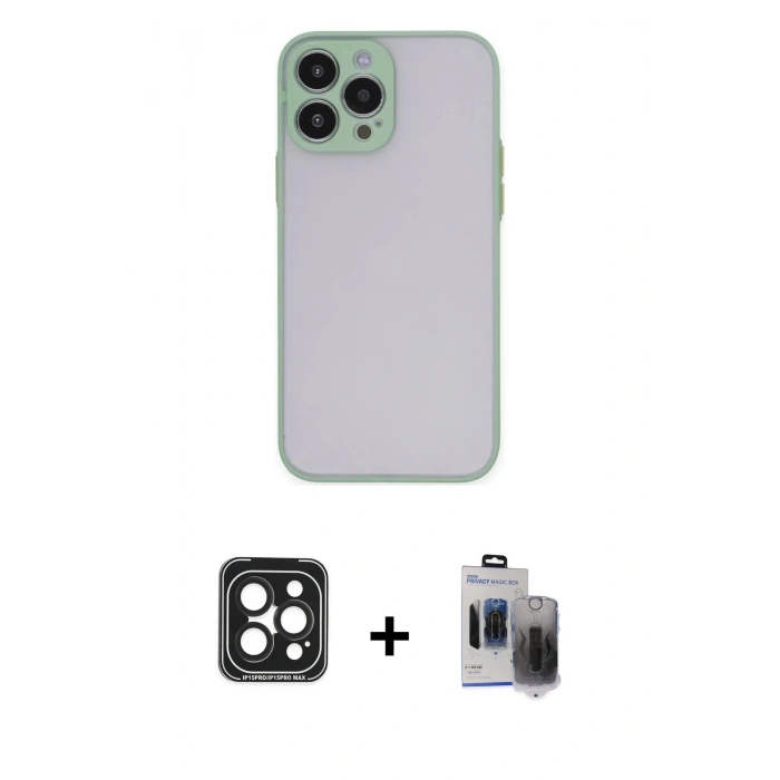 MARSİLYAN™- iPhone 15 Pro Max Kılıf Ahenk Çizgi Serisi - Siyah Vanessa Magic Hayalet Cam + PVD Metal Kamera Lens - SH