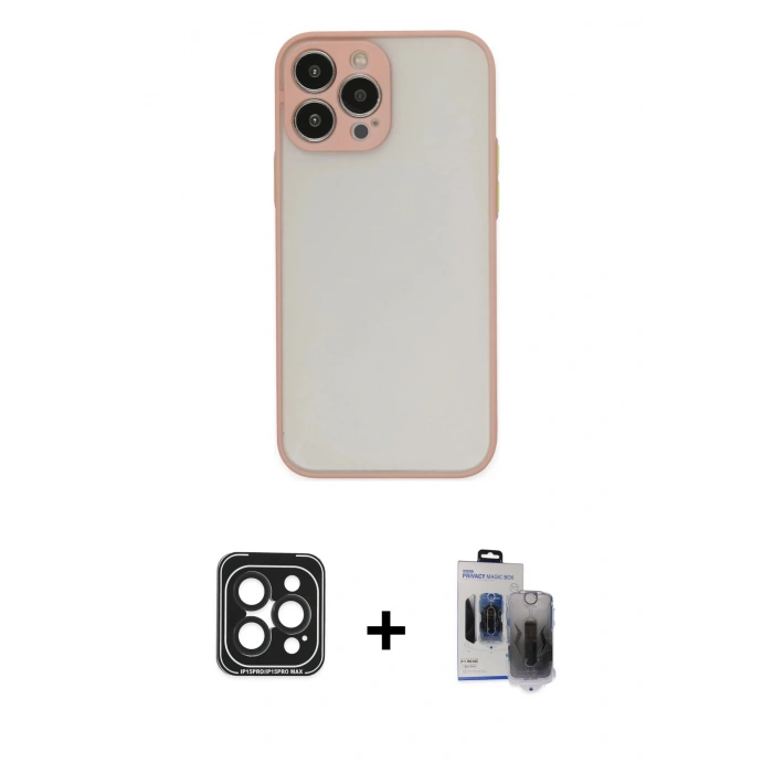 MARSİLYAN™- iPhone 15 Pro Max Kılıf Ahenk Çizgi Serisi - Siyah Vanessa Magic Hayalet Cam + PVD Metal Kamera Lens - SH