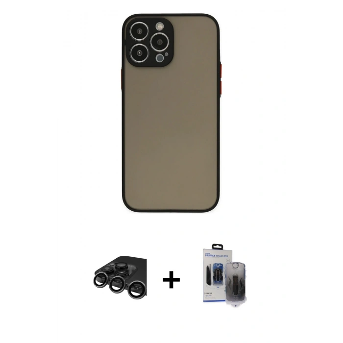 MARSİLYAN™- iPhone 15 Pro Max Kılıf Ahenk Çizgi Serisi - Siyah Vanessa Magic Hayalet Cam + Raze Metal Kamera Lens - TMGI