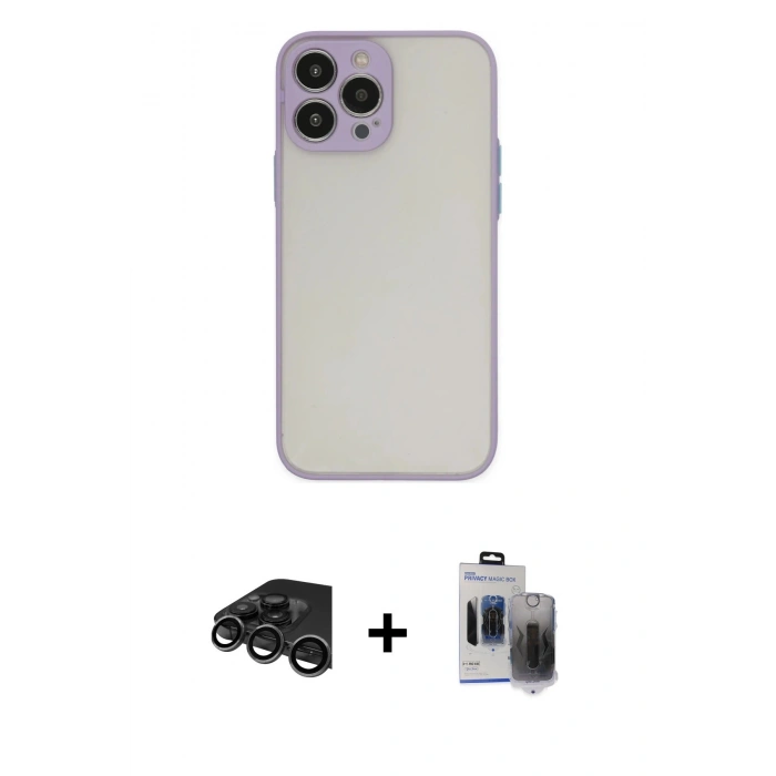 MARSİLYAN™- iPhone 15 Pro Max Kılıf Ahenk Çizgi Serisi - Siyah Vanessa Magic Hayalet Cam + Raze Metal Kamera Lens - TMGI