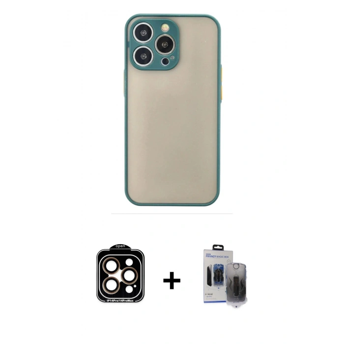 MARSİLYAN™- iPhone 15 Pro Max Kılıf Ahenk Çizgi Serisi - Siyah Vanessa Magic Hayalet Cam + PVD Metal Kamera Lens - TU