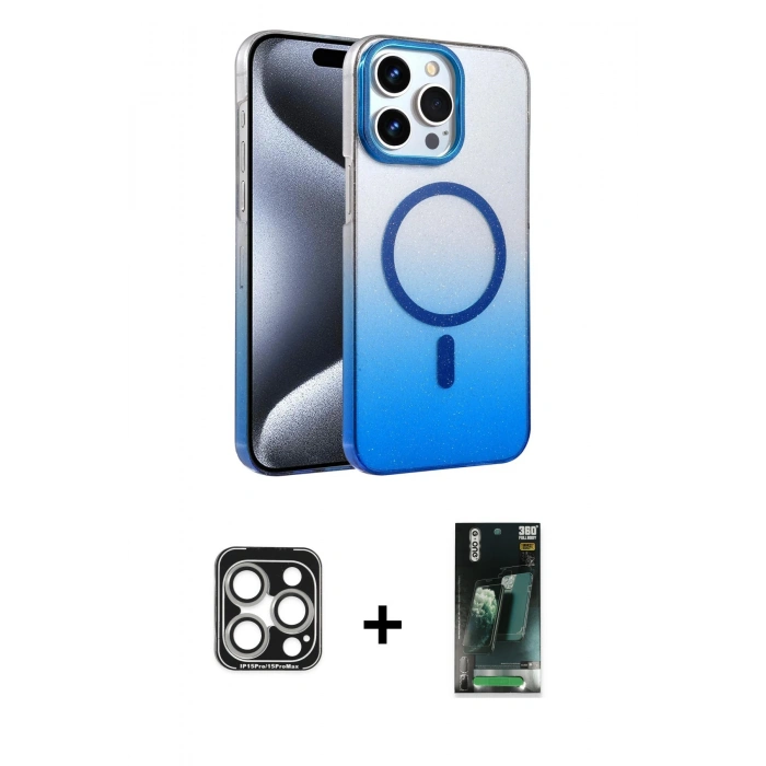 MARSİLYAN™- iPhone 15 Pro Max Kılıf Ahenk Doku Özel Seri - Şeffaf 360 Full Body Arka Koruyucu + PVD Metal Kamera Lens - GS