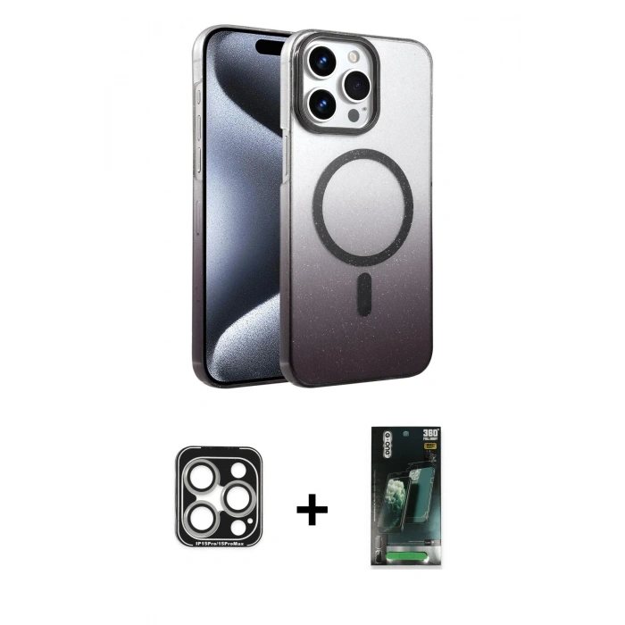 MARSİLYAN™- iPhone 15 Pro Max Kılıf Ahenk Doku Özel Seri - Şeffaf 360 Full Body Arka Koruyucu + PVD Metal Kamera Lens - GS
