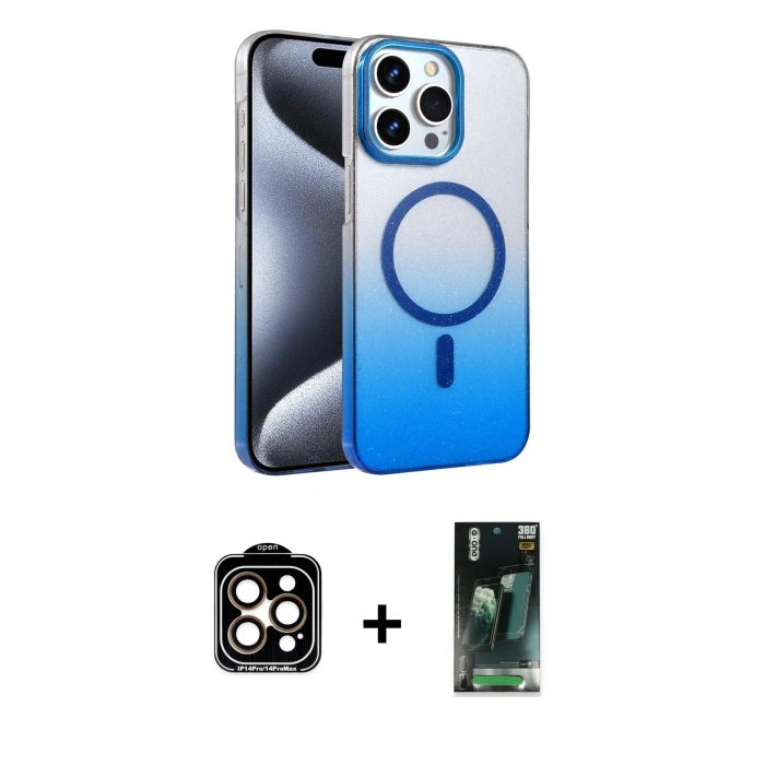 MARSİLYAN™- iPhone 15 Pro Max Kılıf Ahenk Doku Özel Seri - Şeffaf 360 Full Body Arka Koruyucu + PVD Metal Kamera Lens - TU