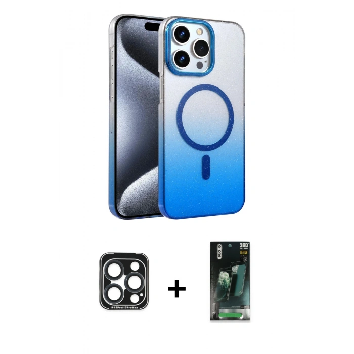 MARSİLYAN™- iPhone 15 Pro Max Kılıf Ahenk Doku Özel Seri - Şeffaf 360 Full Body Arka Koruyucu + PVD Metal Kamera Lens - LT