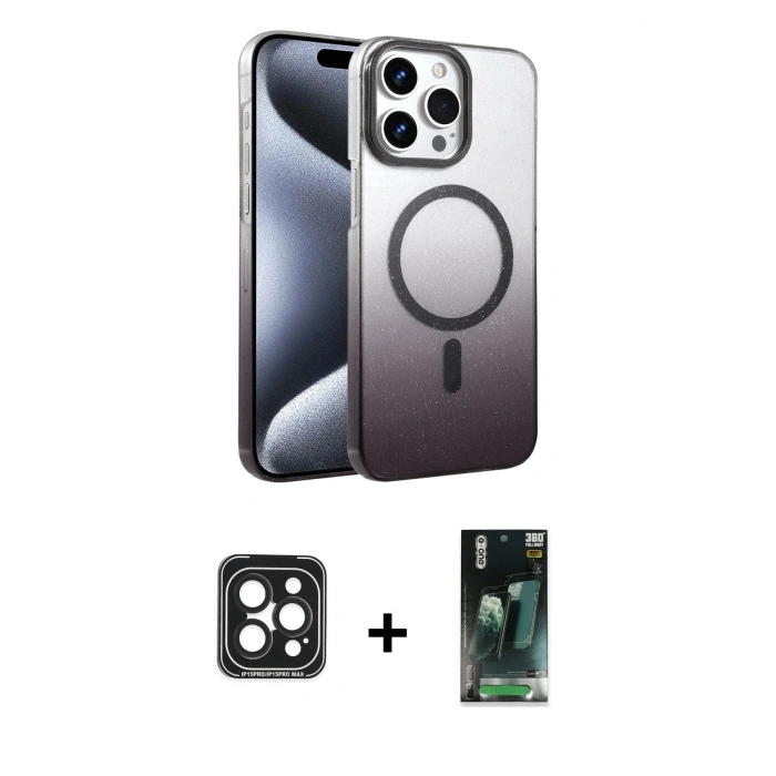 MARSİLYAN™- iPhone 15 Pro Max Kılıf Ahenk Doku Özel Seri - Şeffaf 360 Full Body Arka Koruyucu + PVD Metal Kamera Lens - SH
