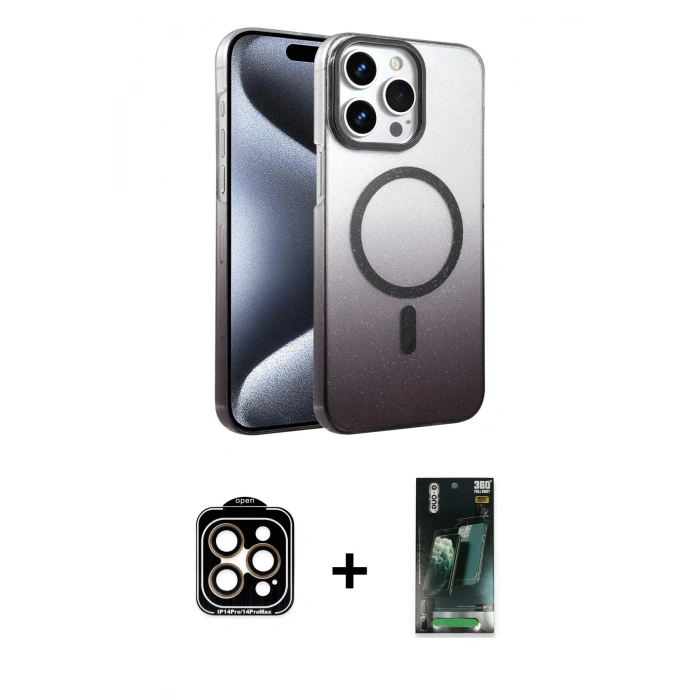 MARSİLYAN™- iPhone 15 Pro Max Kılıf Ahenk Doku Özel Seri - Şeffaf 360 Full Body Arka Koruyucu + PVD Metal Kamera Lens - TU