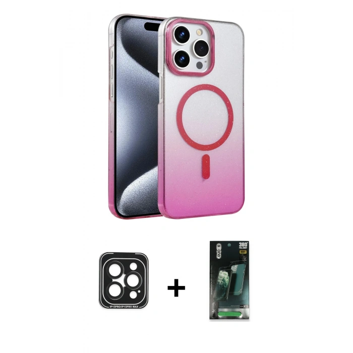 MARSİLYAN™- iPhone 15 Pro Max Kılıf Ahenk Doku Özel Seri - Şeffaf 360 Full Body Arka Koruyucu + PVD Metal Kamera Lens - SH