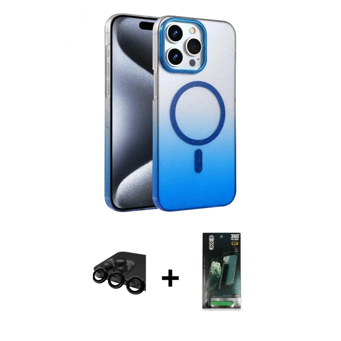 MARSİLYAN™- iPhone 15 Pro Max Kılıf Ahenk Doku Özel Seri - Şeffaf 360 Full Body Arka Koruyucu + Raze Metal Kamera Lens - SH