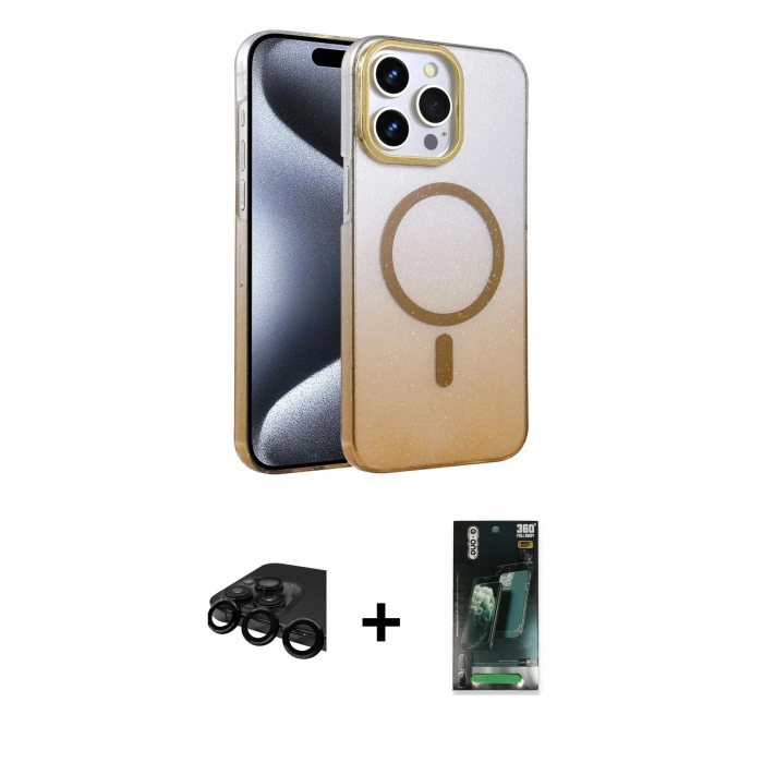 MARSİLYAN™- iPhone 15 Pro Max Kılıf Ahenk Doku Özel Seri - Şeffaf 360 Full Body Arka Koruyucu + Raze Metal Kamera Lens - SH