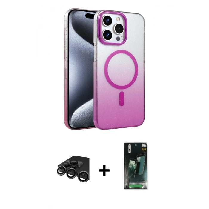 MARSİLYAN™- iPhone 15 Pro Max Kılıf Ahenk Doku Özel Seri - Şeffaf 360 Full Body Arka Koruyucu + Raze Metal Kamera Lens - TMGI
