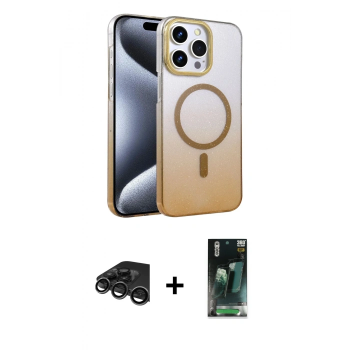 MARSİLYAN™- iPhone 15 Pro Max Kılıf Ahenk Doku Özel Seri - Şeffaf 360 Full Body Arka Koruyucu + Raze Metal Kamera Lens - TMGI