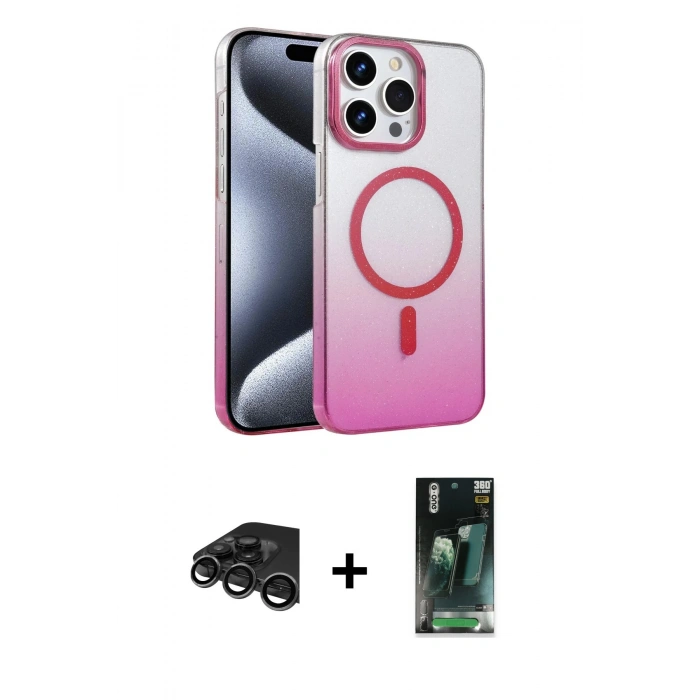 MARSİLYAN™- iPhone 15 Pro Max Kılıf Ahenk Doku Özel Seri - Şeffaf 360 Full Body Arka Koruyucu + Raze Metal Kamera Lens - TMGI