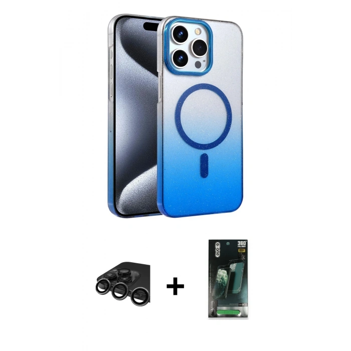MARSİLYAN™- iPhone 15 Pro Max Kılıf Ahenk Doku Özel Seri - Şeffaf 360 Full Body Arka Koruyucu + Raze Metal Kamera Lens - TMGI