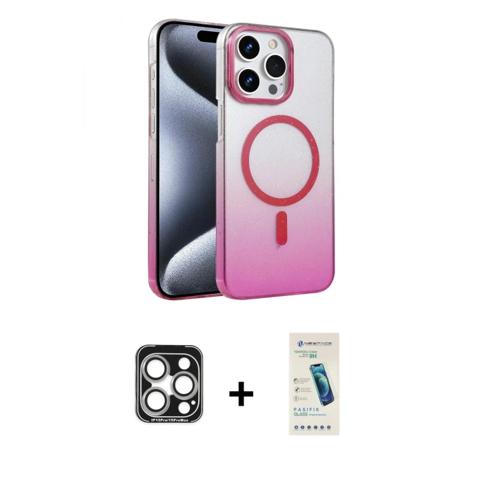 MARSİLYAN™- iPhone 15 Pro Max Kılıf Ahenk Doku Özel Seri - Şeffaf Pasifik Cam Ekran Koruyucu + Gümüş PVD Metal Kamera Lens