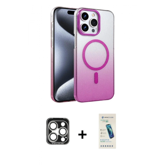 MARSİLYAN™- iPhone 15 Pro Max Kılıf Ahenk Doku Özel Seri - Şeffaf Pasifik Cam Ekran Koruyucu + Gümüş PVD Metal Kamera Lens