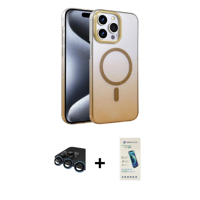 MARSİLYAN™- iPhone 15 Pro Max Kılıf Ahenk Doku Özel Seri - Şeffaf Pasifik Cam Ekran Koruyucu + Raze Metal Kamera Lens - LT