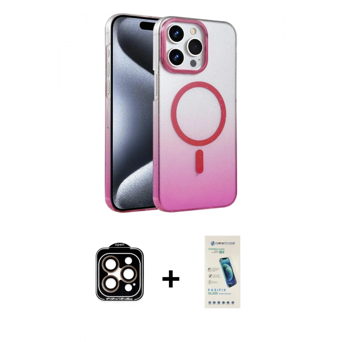 MARSİLYAN™- iPhone 15 Pro Max Kılıf Ahenk Doku Özel Seri - Şeffaf Pasifik Cam Ekran Koruyucu + PVD Metal Kamera Lens - TU