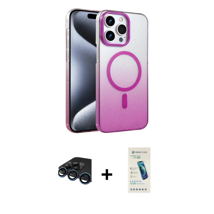 MARSİLYAN™- iPhone 15 Pro Max Kılıf Ahenk Doku Özel Seri - Şeffaf Pasifik Cam Ekran Koruyucu + Raze Metal Kamera Lens - LT