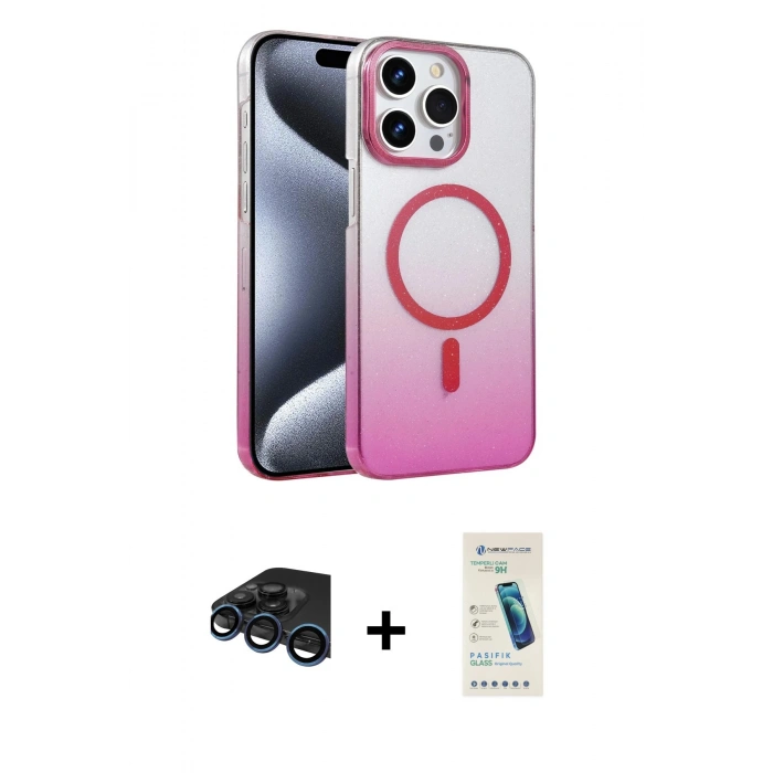 MARSİLYAN™- iPhone 15 Pro Max Kılıf Ahenk Doku Özel Seri - Şeffaf Pasifik Cam Ekran Koruyucu + Raze Metal Kamera Lens - LT