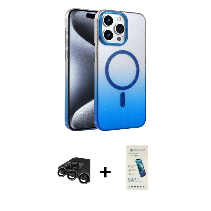 MARSİLYAN™- iPhone 15 Pro Max Kılıf Ahenk Doku Özel Seri - Şeffaf Pasifik Cam Ekran Koruyucu + Raze Metal Kamera Lens - TMGI
