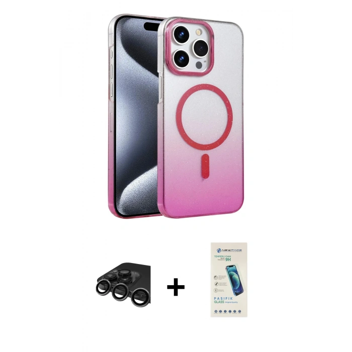 MARSİLYAN™- iPhone 15 Pro Max Kılıf Ahenk Doku Özel Seri - Şeffaf Pasifik Cam Ekran Koruyucu + Raze Metal Kamera Lens - TMGI