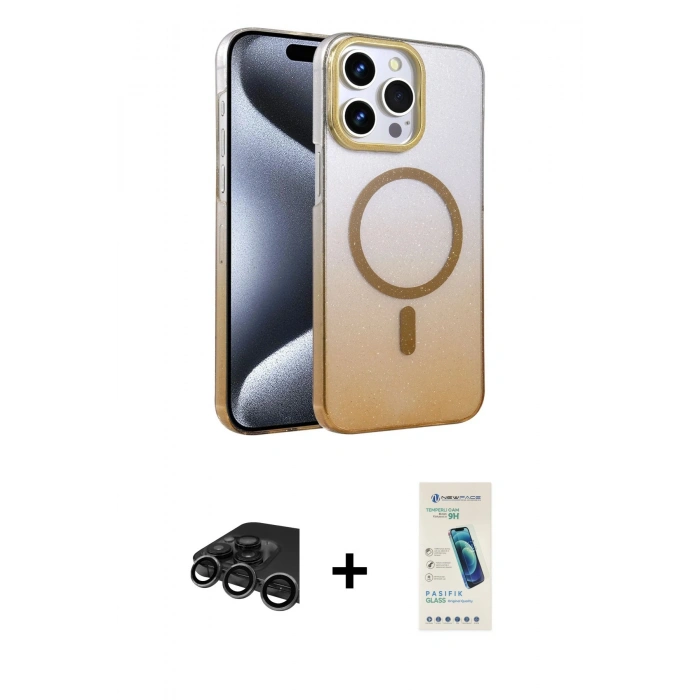 MARSİLYAN™- iPhone 15 Pro Max Kılıf Ahenk Doku Özel Seri - Şeffaf Pasifik Cam Ekran Koruyucu + Raze Metal Kamera Lens - TMGI