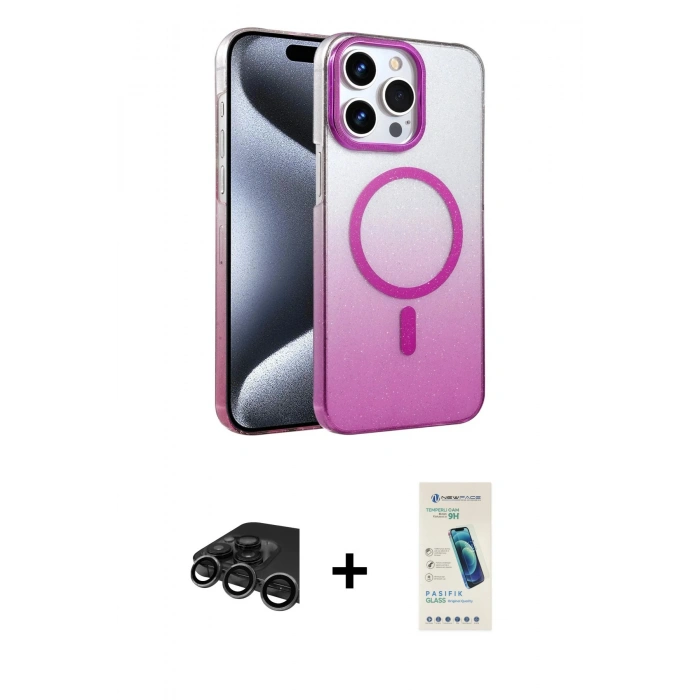 MARSİLYAN™- iPhone 15 Pro Max Kılıf Ahenk Doku Özel Seri - Şeffaf Pasifik Cam Ekran Koruyucu + Raze Metal Kamera Lens - TMGI