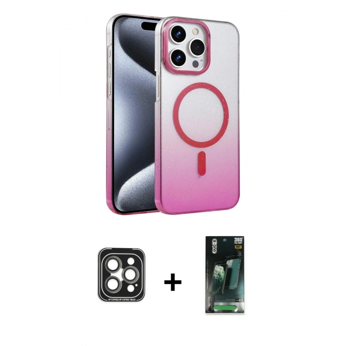 MARSİLYAN™- iPhone 15 Pro Max Kılıf Ahenk Doku Özel Seri - Siyah 360 Mat Full Body Arka Koruyucu + Gri PVD Metal Kamera Lens
