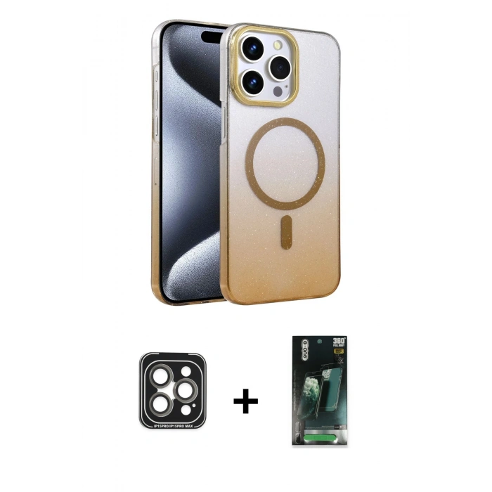 MARSİLYAN™- iPhone 15 Pro Max Kılıf Ahenk Doku Özel Seri - Siyah 360 Mat Full Body Arka Koruyucu + Gri PVD Metal Kamera Lens