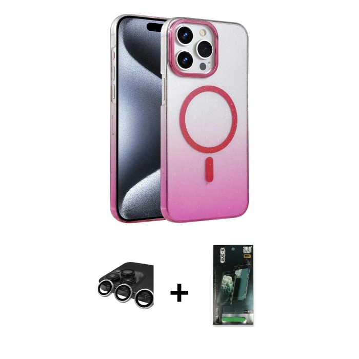 MARSİLYAN™- iPhone 15 Pro Max Kılıf Ahenk Doku Özel Seri - Siyah 360 Mat Full Body Arka Koruyucu + Raze Metal Kamera Lens - GS