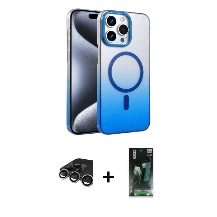MARSİLYAN™- iPhone 15 Pro Max Kılıf Ahenk Doku Özel Seri - Siyah 360 Mat Full Body Arka Koruyucu + Raze Metal Kamera Lens - GS