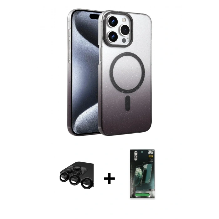 MARSİLYAN™- iPhone 15 Pro Max Kılıf Ahenk Doku Özel Seri - Siyah 360 Mat Full Body Arka Koruyucu + Raze Metal Kamera Lens - SH