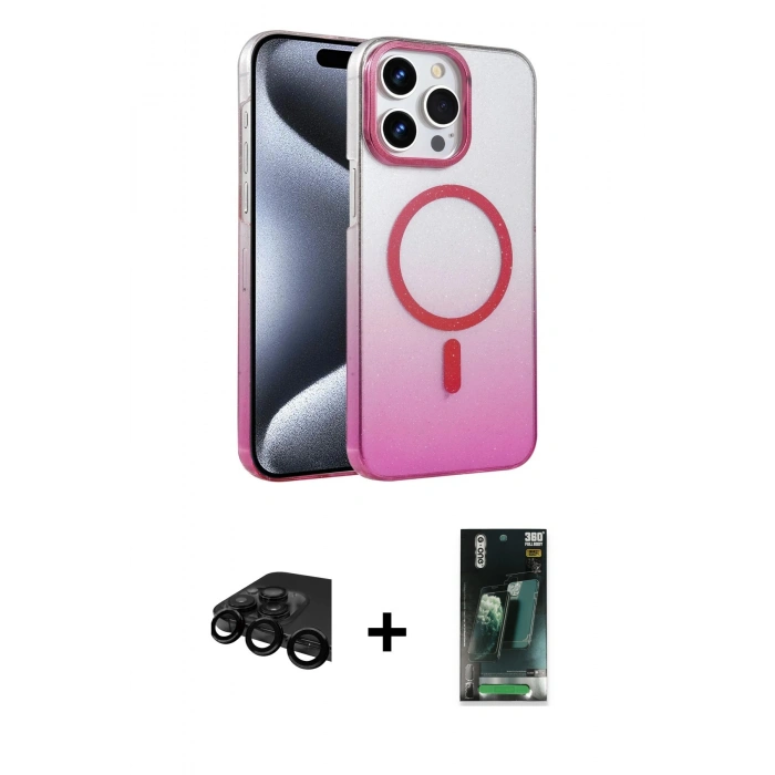 MARSİLYAN™- iPhone 15 Pro Max Kılıf Ahenk Doku Özel Seri - Siyah 360 Mat Full Body Arka Koruyucu + Raze Metal Kamera Lens - SH
