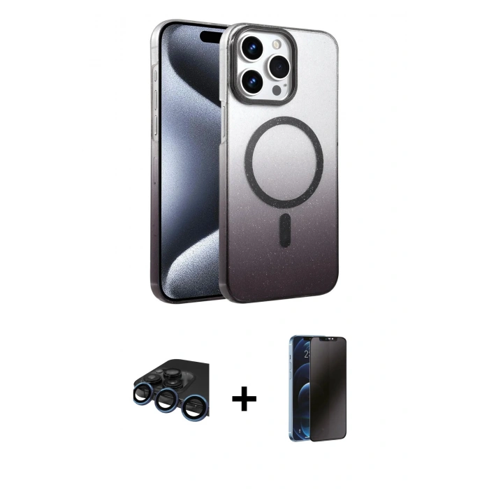 MARSİLYAN™- iPhone 15 Pro Max Kılıf Ahenk Doku Özel Seri - Siyah 3D Antistatik Hayalet Cam Ekran Koruyucu + Raze Metal Kamera Lens - LT