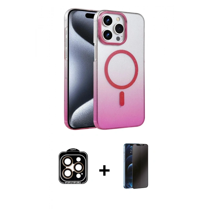 MARSİLYAN™- iPhone 15 Pro Max Kılıf Ahenk Doku Özel Seri - Siyah 3D Antistatik Hayalet Cam Ekran Koruyucu + PVD Metal Kamera Lens - TU