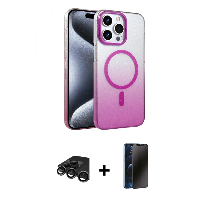 MARSİLYAN™- iPhone 15 Pro Max Kılıf Ahenk Doku Özel Seri - Siyah 3D Antistatik Hayalet Cam Ekran Koruyucu + Raze Metal Kamera Lens - TMGI