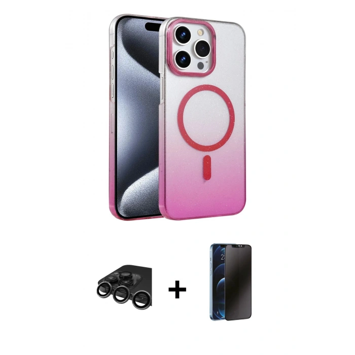 MARSİLYAN™- iPhone 15 Pro Max Kılıf Ahenk Doku Özel Seri - Siyah 3D Antistatik Hayalet Cam Ekran Koruyucu + Raze Metal Kamera Lens - TMGI