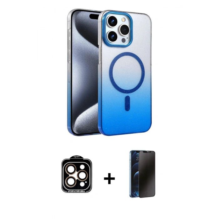 MARSİLYAN™- iPhone 15 Pro Max Kılıf Ahenk Doku Özel Seri - Siyah 3D Antistatik Hayalet Cam Ekran Koruyucu + PVD Metal Kamera Lens - TU