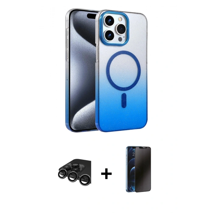 MARSİLYAN™- iPhone 15 Pro Max Kılıf Ahenk Doku Özel Seri - Siyah 3D Antistatik Hayalet Cam Ekran Koruyucu + Raze Metal Kamera Lens - TMGI