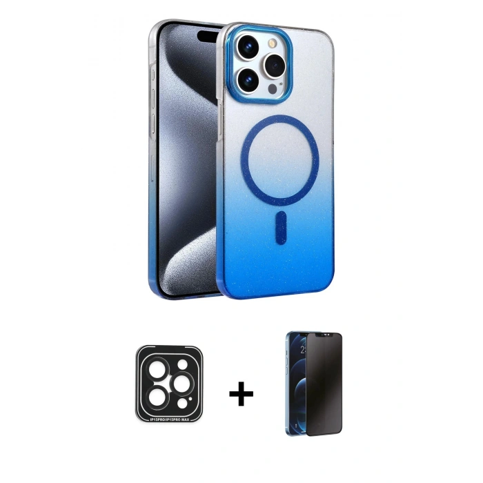 MARSİLYAN™- iPhone 15 Pro Max Kılıf Ahenk Doku Özel Seri - Siyah 3D Antistatik Hayalet Cam Ekran Koruyucu + PVD Metal Kamera Lens - SH
