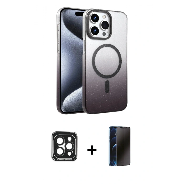 MARSİLYAN™- iPhone 15 Pro Max Kılıf Ahenk Doku Özel Seri - Siyah 3D Antistatik Hayalet Cam Ekran Koruyucu + PVD Metal Kamera Lens - SH