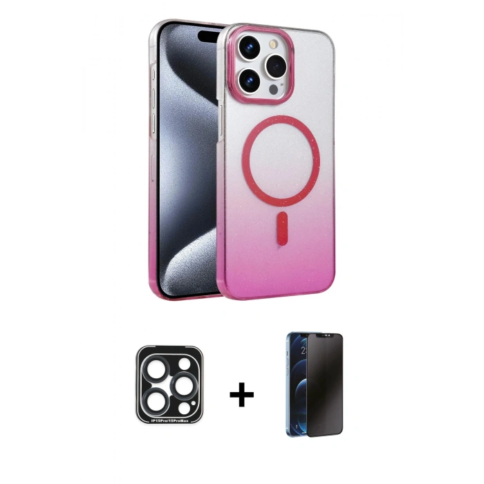 MARSİLYAN™- iPhone 15 Pro Max Kılıf Ahenk Doku Özel Seri - Siyah 3D Antistatik Hayalet Cam Ekran Koruyucu + PVD Metal Kamera Lens - LT