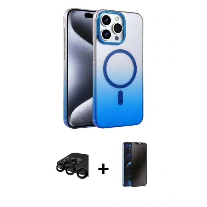MARSİLYAN™- iPhone 15 Pro Max Kılıf Ahenk Doku Özel Seri - Siyah 3D Antistatik Hayalet Cam Ekran Koruyucu + Raze Metal Kamera Lens - SH