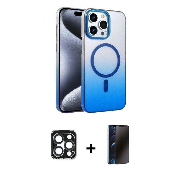MARSİLYAN™- iPhone 15 Pro Max Kılıf Ahenk Doku Özel Seri - Siyah 3D Antistatik Hayalet Cam Ekran Koruyucu + PVD Metal Kamera Lens - LT