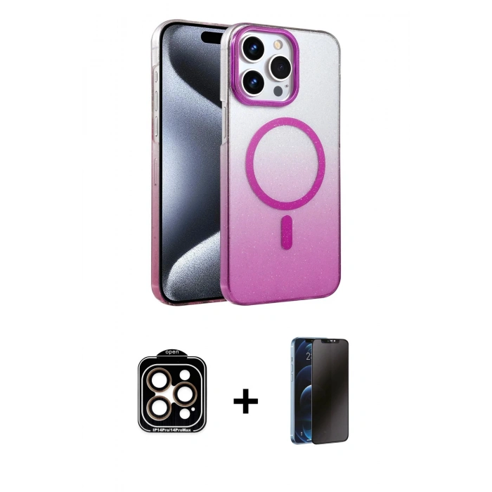 MARSİLYAN™- iPhone 15 Pro Max Kılıf Ahenk Doku Özel Seri - Siyah 3D Antistatik Hayalet Cam Ekran Koruyucu + PVD Metal Kamera Lens - TU