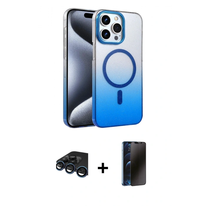 MARSİLYAN™- iPhone 15 Pro Max Kılıf Ahenk Doku Özel Seri - Siyah 3D Antistatik Hayalet Cam Ekran Koruyucu + Raze Metal Kamera Lens - LT